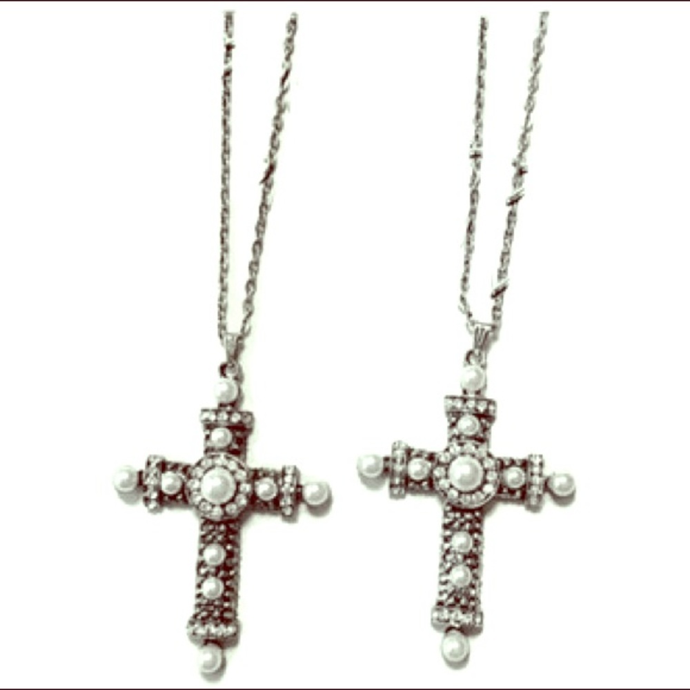 2 Long Rhinestone Pearl Cross Necklaces Silvertone